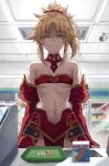  1girl ^_^ bandaid bandeau bangs bare_shoulders blonde_hair breasts closed_eyes closed_mouth coin collarbone commentary_request detached_collar detached_sleeves eyebrows_visible_through_hair eyes_visible_through_hair facing_viewer fang fang_out fate/apocrypha fate_(series) highres indoors long_hair mordred_(fate) mordred_(fate/apocrypha) navel parted_bangs ponytail pov shaded_face sidelocks small_breasts smile solo tonee 
