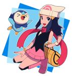  1girl :d bag beanie black_hair black_legwear black_shirt boots bracelet clenched_hand commentary_request dawn_(pokemon) duffel_bag eyelashes full_body grey_eyes hair_ornament hairclip hat highres jewelry long_hair looking_at_viewer open_mouth outline over-kneehighs pink_footwear pink_skirt piplup pokemon pokemon_(creature) pokemon_(game) pokemon_dppt poketch red_scarf scarf shirt sidelocks skirt sleeveless sleeveless_shirt smile thighhighs tongue tyako_089 watch white_headwear wristwatch yellow_bag 