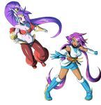  alternate_costume anthro blue_eyes boots bottomwear breasts cleavage clothed clothing clothing_swap dark_body dark_skin dragon duo female footwear freedom_planet freedom_planet_2 genie hair hi_res humanoid hybrid long_hair mammal midriff open_mouth purple_body purple_eyes purple_hair sash_lilac shantae shantae_(series) shorts simple_background sonicboom30813 translucent translucent_clothing video_games wayforward white_background 