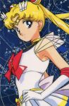  1990s_(style) 1girl bangs bishoujo_senshi_sailor_moon blonde_hair blue_eyes double_bun eyebrows_visible_through_hair hair_ornament hand_on_hip leotard long_hair looking_at_viewer magical_girl official_art pleated_skirt retro_artstyle sailor_moon sailor_senshi scan skirt smile solo super_sailor_moon tsukino_usagi twintails 