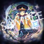  1boy astel_leda black_jacket blue_eyes gloves ground_vehicle holostars jacket male_focus morino_hon necktie open_hands orange_jacket red_necktie robot sample smile solo space_craft space_shuttle star_(sky) train virtual_youtuber watermark white_gloves yellow_eyes 