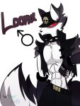  2021 3:4 abs anthro baggy_clothing belt bone bottomwear canid canid_demon canine_ears character_name clothing collar crossgender death_stare demon fingerless_gloves ftm_crossgender fur gender_symbol gloves grey_body grey_fur handwear hat headgear headwear hellhound helluva_boss hi_res jacket jojo&#039;s_bizarre_adventure jotaro_kujo loona_(helluva_boss) male male_symbol mammal multicolored_body multicolored_fur muscular muscular_anthro muscular_male narrowed_eyes pants pecs red_eyes red_sclera signature simple_background skull solo star symbol thick_tail topwear two_tone_body two_tone_fur two_tone_tail usagi_star v-cut white_background white_body white_fur 