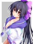  1girl alternate_hairstyle black_hair blush breasts cleavage eyebrows_visible_through_hair from_above iwashi_dorobou_-r- looking_at_viewer medium_breasts neptune_(series) noire_(neptune_series) open_mouth parka ponytail red_eyes simple_background solo twintails white_background 
