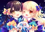  2girls ;d bangs black_hair blonde_hair blue_bow blue_shirt bow brown_eyes collared_shirt commentary copyright_request eyebrows_visible_through_hair frilled_gloves frills gloves hair_between_eyes hair_bow hand_up heart heart_hands heart_hands_duo multiple_girls one_eye_closed puffy_short_sleeves puffy_sleeves sakurazawa_izumi shirt short_sleeves smile star_(symbol) symbol-only_commentary upper_body white_gloves yellow_bow yellow_shirt 