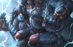  2021 5_fingers absurd_res anthro anthro_on_anthro balls black_nipples blue_body blue_claws blue_penis brother brothers chain chained claws duo erection fingers fur genitals glans hand_on_nipple hi_res humanoid_genitalia humanoid_penis imminent_anal incest_(lore) lindong male male/male mammal nipple_fetish nipple_piercing nipple_pinch nipple_play nipples ornn_(lol) penis piercing pinch pink_glans polar_bear pubes sibling teeth ursid ursine volibear 