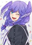  1girl bangs black_sweater blue_eyes blurry blurry_background braid confetti english_commentary fang floating_hair from_side hair_ornament hairclip happy_birthday head_wings highres looking_at_viewer medium_hair nijisanji nijisanji_en one_eye_closed open_mouth purple_eyes selen_tatsuki skin_fang smile solo sweater tsukky twin_braids twitter_username virtual_youtuber 