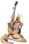  anthro bandai_namco black_pawpads black_sclera blue_eyes breasts claws digimon digimon_(species) dipstick_ears feet female fur genitals hi_res johnfoxart legs_up looking_at_viewer multicolored_ears navel neck_tuft nipples pawpads paws pink_nipples presenting pussy renamon soles solo thick_thighs toe_claws tuft yellow_body yellow_fur 