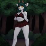  2021 anthro blvejay bottomwear bovid bra caprine clothing ear_piercing female forest goat hair hand_on_chest hi_res horn lace looking_at_viewer mammal night outside piercing plant short_hair skirt smile solo standing tree underwear 