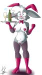  alcohol anthro armor beverage bow_tie bracers buckteeth bunny_costume clothed clothing costume embarrassed female fishnet fishnet_legwear hi_res high_heels lagomorph lechugansfw legwear leporid mammal partially_clothed pasties rabbit ruth_(lechugansfw) simple_background slightly_chubby solo teeth 