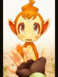  1boy ash_ketchum brown_eyes brown_gloves chimchar commentary_request dirty fang fingerless_gloves fire flame gloves grass looking_up open_mouth pokemon pokemon_(anime) pokemon_(creature) pokemon_dppt_(anime) red_hayao sad tearing_up tongue 