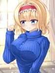  1girl absurdres alice_margatroid breasts fidgeting heart heart-shaped_pupils highres large_breasts playing_with_hair reijing_etrn ribbed_sweater solo sweater symbol-shaped_pupils touhou 