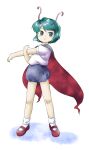  1girl :o adapted_costume alternate_costume antennae bangs bare_legs blue_buruma blush bobby_socks buruma cape contemporary cross-body_stretch full_body green_eyes green_hair gym_shirt gym_uniform hair_ornament hairclip hands_up highres legs_apart looking_at_viewer looking_to_the_side mary_janes nonamejd official_style outstretched_arm parted_lips puffy_short_sleeves puffy_sleeves red_cape red_footwear shirt shirt_tucked_in shoes short_hair short_sleeves simple_background socks solo standing stretch swept_bangs tomboy touhou two-sided_cape two-sided_fabric uniform white_background white_legwear white_shirt wriggle_nightbug zun_(style) 