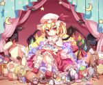  1girl bangs bat blonde_hair character_doll commentary crescent_moon crossed_legs crystal curtains damaged doll doll_hug eyebrows_visible_through_hair flandre_scarlet full_body hat hat_ribbon holding holding_doll holding_stuffed_toy hong_meiling indoors isu_(is88) izayoi_sakuya koakuma looking_at_viewer mob_cap moon object_hug one_side_up patchouli_knowledge pointy_ears polka_dot_curtains puffy_short_sleeves puffy_sleeves red_eyes red_ribbon remilia_scarlet ribbon short_sleeves sitting solo star_(symbol) stuffed_animal stuffed_bunny stuffed_toy touhou white_headwear wings 
