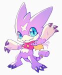  ambiguous_gender bandai_namco blue_eyes chibi clawed_feet clawed_fingers claws clothing digimon digimon_(species) dragon extyrannomon_(artist) gumdramon looking_at_viewer multicolored_body multicolored_scales purple_body scales solo two_tone_body two_tone_scales wings 