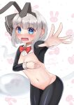  1girl @_@ alternate_costume animal_ears bangs black_hairband black_legwear blush bob_cut bow bowtie bunny_background commentary_request covering covering_breasts ear_blush embarrassed fake_animal_ears hairband hand_on_own_chest highres hitodama konpaku_youmu konpaku_youmu_(ghost) lips long_sleeves meme_attire navel open_mouth outstretched_arm pantyhose rabbit_ears red_bow red_bowtie red_neckwear reverse_bunnysuit reverse_outfit rital short_hair sidelocks silver_hair solo standing stomach thighs tongue touhou wavy_mouth white_background wing_collar 