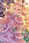 1girl :o beatrice_(re:zero) blonde_hair blue_eyes blush bubble capelet cat christmas commentary_request doll dress drill_hair eyelashes fake_antlers fur-trimmed_capelet fur_trim highres holding holding_doll long_hair long_sleeves open_mouth parupin puck_(re:zero) re:zero_kara_hajimeru_isekai_seikatsu short_eyebrows sidelocks sparkle standing symbol-shaped_pupils tongue twin_drills twintails 