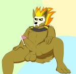  2021 3_toes 5_fingers absurd_res admiralbruh1897 anthro balls brown_body brown_fur cape clothing digital_media_(artwork) feet fingers fire forsburn fur genitals hi_res hyaenid looking_at_viewer male mammal mask muscular nipples pecs penis rivals_of_aether signature skull_mask solo toes video_games yellow_eyes 