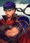  1boy armor blue_eyes blue_hair cape closed_mouth crossed_arms fire_emblem fire_emblem:_path_of_radiance fire_emblem:_radiant_dawn gloves headband hungry_clicker ike_(fire_emblem) looking_at_viewer male_focus muscular muscular_male profile ragnell red_cape shaded_face shoulder_armor solo upper_body wind wind_lift 