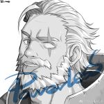  1boy :p bara beard blind eyebrow_cut face facial_hair greyscale highres looking_at_viewer male_focus mature_male monochrome old old_man original overwatch powerlesssong reinhardt_(overwatch) scar scar_across_eye scar_on_face short_hair solo thick_eyebrows tongue tongue_out weibo_logo weibo_username 