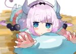  1girl bangs black_bow blue_eyes blurry blurry_background blush blush_stickers bow dragon_horns eyebrows_visible_through_hair fingernails highres hojhcwqlwrfrvnk horns kanna_kamui kobayashi-san_chi_no_maidragon light_purple_hair long_hair lying multiple_horns on_stomach open_hands open_mouth pillow purple_hair skirt solo tail thighhighs twintails white_legwear wooden_floor 