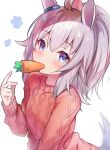  1girl ahoge animal_ears aran_sweater bangs blush carrot commentary eyebrows_visible_through_hair food_in_mouth grey_hair hair_between_eyes horse_ears horse_girl horse_tail long_sleeves looking_at_viewer mouth_hold oguri_cap_(umamusume) ponytail red_sweater simple_background sleeves_past_wrists solo sweater symbol-only_commentary tail tatenayua umamusume white_background 