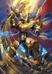  1boy animalization armor belt claws dragon dragon_horns dragon_tail dragon_wings full_armor glowing glowing_sword glowing_weapon gold_armor highres holding holding_sword holding_weapon horns kamen_rider kamen_rider_blade kamen_rider_blade_(king_form) kamen_rider_blade_(series) king_rouzer large_wings looking_at_viewer monster multiple_wings no_humans open_mouth red_eyes scales sennsu seraph sharp_teeth solo standing sword tail teeth weapon western_dragon wings 