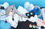  1girl :3 amashiro_natsuki animal_ears aqua_eyes bangs black_footwear blush cat_ears cat_girl cat_tail closed_mouth commentary eyebrows_behind_hair eyes_visible_through_hair fingernails frilled_shirt frills grey_hair hair_ornament hairclip head_on_pillow heart highres indie_virtual_youtuber leg_up long_hair long_sleeves looking_at_viewer lying nacho_(amashiro_natsuki) on_stomach paw_print pillow shirt sleep_mask sleepwear sleeves_past_wrists slippers smile socks striped striped_legwear symbol-only_commentary tail virtual_youtuber white_shirt wide_sleeves 