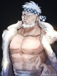  1boy abs areolae bara bare_pectorals beard coat facial_hair fur-trimmed_coat fur_trim granblue_fantasy headband highres large_pectorals male_focus mature_male midriff_sarashi muscular muscular_male mustache old old_man pectorals powerlesssong sarashi short_hair sketch solo soriz upper_body weibo_logo weibo_username white_hair 