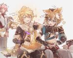  3boys aether_(genshin_impact) animal_ears blonde_hair character_request closed_eyes csyday dog dog_ears english_commentary english_text envelope genshin_impact gloves gorou_(genshin_impact) hair_brush headpat male_focus midriff_peek multiple_boys pink_hair 