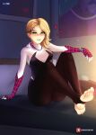  1girl absurdres asymmetrical_hair bed biting blonde_hair bodysuit feet gwen_stacy heart highres lip_biting looking_at_viewer marvel mystyhw poster_(object) room sidecut sitting solo spider-gwen spider-man:_across_the_the_spider-verse_part_1 spider-man:_into_the_spider-verse spider-man_(series) spider_web_print toeless_legwear toes 