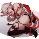  1girl bdsm black_gloves blush bondage bound clenched_teeth eyebrows_visible_through_hair fu_hua fu_hua_(phoenix) gloves hair_between_eyes hair_ornament honkai_(series) honkai_impact_3rd long_hair lying negom on_side one_eye_closed red_eyes red_hair red_rope restrained rope shibari shibari_over_clothes simple_background solo sweat teeth thighs white_background white_hair 