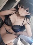  1girl :o bangs bathroom black_bra black_hair black_panties blush bra breasts brown_eyes cleavage collarbone hands_on_hips leaning_forward long_hair looking_at_viewer medium_breasts mishiranu_joshikousei_ni_kankin_sareta_mangaka_no_hanashi nail_polish navel no_mask open_mouth panties ryouma_(galley) sink straight_hair underwear undressing very_long_hair 