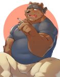  2021 anthro blush bodily_fluids bottomwear brown_body bulge clothing hi_res kemono male mammal mature_male overweight overweight_male pants seikeikei2015 shirt simple_background smoking solo sweat topwear ursid 