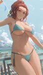  1girl absurdres bangs bare_shoulders bikini blue_bikini blue_eyes blush breasts brown_eyes brown_hair cleavage collarbone free_style_(yohan1754) highres large_breasts long_hair looking_at_viewer navel original ponytail smile solo swimsuit thighs 