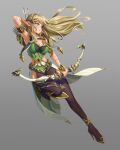  1girl arm_behind_head armband armpits arrow_(projectile) blonde_hair bow bow_(weapon) breasts cleavage closed_mouth commentary_request ear_piercing earrings elf full_body gem gold_trim gradient gradient_background green_eyes high_heels highres holding holding_bow_(weapon) holding_weapon horn_bow horn_ornament horns jewelry knee_up long_hair looking_afar medium_breasts original pantyhose piercing pointy_ears quiver simple_background solo tiger_june weapon 