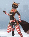  anthro arm_warmers armwear bell bell_collar blue_eyes breasts breath canid canine cassie_(jishinu) city city_background claws clothed clothing collar cross_fox female fox garter_belt garter_straps genitals hi_res jishinu legwear looking_at_viewer mammal navel nipples on_one_leg open_mouth outside partially_clothed pattern_arm_warmers pattern_armwear pattern_clothing pattern_legwear pattern_stockings paws pussy red_fox small_breasts snow snowing solo standing stirrup_stockings stockings striped_arm_warmers striped_armwear striped_clothing striped_legwear striped_stockings stripes 