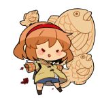 &gt;_&lt; 1girl :d bangs beige_jacket blue_shorts brown_hair chibi closed_eyes fake_wings food full_body hairband kanon long_sleeves mota open_mouth outstretched_arms red_hairband short_hair shorts simple_background smile solo spread_arms taiyaki tsukimiya_ayu wagashi white_background wings xd 