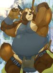  2021 absurd_res anthro asian_clothing belly blush brown_body brown_fur bulge canid canine clothing doggycoffee east_asian_clothing eyes_closed fundoshi fur hi_res japanese_clothing kemono male mammal outside overweight overweight_male raccoon_dog shirt solo tanuki topwear underwear 