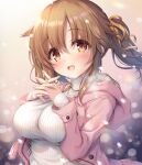  1girl :d bangs blush breasts brown_eyes brown_hair brown_ribbon coat commentary_request eyebrows_visible_through_hair hair_between_eyes hair_ribbon hands_up highres hood hood_down hooded_jacket idolmaster idolmaster_cinderella_girls interlocked_fingers jacket large_breasts long_hair long_sleeves looking_at_viewer mikagami_mamizu nail_polish open_clothes open_coat parted_bangs pink_coat pink_nails plaid ribbed_sweater ribbon side_ponytail sleeves_past_wrists smile solo sweater totoki_airi turtleneck turtleneck_sweater upper_body white_sweater 