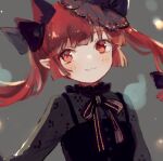  1girl :3 alternate_costume alternate_hairstyle alternate_headwear animal_ears black_clothes black_headwear blush bow cat_ears extra_ears fang frills grey_background hat highres hitodama kaenbyou_rin lace long_hair nig_18 pointy_ears red_eyes red_hair simple_background smile solo sparkle touhou twintails 