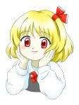  1girl :3 bangs blonde_hair blush bob_cut cropped_torso eyebrows_visible_through_hair eyes_visible_through_hair grin hair_ribbon hands_on_own_cheeks hands_on_own_face hands_up long_sleeves looking_at_viewer necktie nonamejd official_style parted_lips puffy_long_sleeves puffy_sleeves red_eyes red_necktie red_ribbon ribbon rumia short_hair short_necktie simple_background smile solo tareme touhou undershirt upper_body white_background wing_collar zun_(style) 