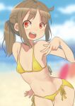  1girl arm_up ass_visible_through_thighs beach bikini breasts brown_hair cloud covered_nipples highres leaning_forward long_hair looking_at_viewer navel ocean open_mouth original outdoors ponytail red_eyes rosia_san side-tie_bikini sky small_breasts smile solo swimsuit thigh_gap v yellow_bikini 