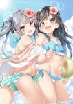  2girls absurdres alternate_costume asashio_(kantai_collection) ass bangs bikini black_hair blue_bikini blue_eyes blue_sky blush breasts brown_eyes cloud collarbone contemporary cowboy_shot day ebifurya eyebrows_visible_through_hair fantia_reward flower frilled_bikini frills grey_hair hair_flower hair_ornament hair_ribbon hibiscus highres kantai_collection kasumi_(kantai_collection) layered_bikini long_hair looking_at_viewer multiple_girls navel ocean open_mouth outdoors paid_reward palm_tree ribbon side-tie_bikini side_ponytail sky small_breasts striped striped_bikini striped_bikini_bottom striped_swimsuit sunlight swept_bangs swimsuit thighs tree wading water wet 