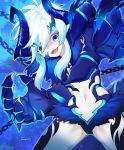  1girl armor artist_name blue_background blue_eyes blue_horns chains commentary_request demon demon_girl demon_horns elsword eyebrows_visible_through_hair fangs fur_trim guamon hair_between_eyes horns leg_tattoo long_hair looking_at_viewer navel open_mouth pointy_ears short_hair solo tattoo white_hair 