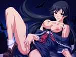  black_hair blush bra bra_pull breasts censored fang fingering kaibutsu_oujo kamatori_pokari kamura_reiri lingerie lying panties panties_aside past_gadget pussy pussy_juice school_uniform serafuku shirt_pull smile spread_legs underwear vampire 