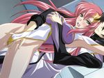  1boy arm_up armpits blush breast_grab breasts cg fingering gilbert_durandal grabbing gundam gundam_seed gundam_seed_destiny large_breasts leotard lost_rarities meer_campbell open_mouth pink_hair pussy_juice soul_foundation spread_legs takapiko tongue tongue_out torogao vaginal 