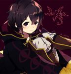  1girl black_hair closed_mouth fire_emblem fire_emblem:_kakusei guttary hood hood_down knees_up long_sleeves mark_(female)_(fire_emblem) mark_(fire_emblem) nintendo purple_eyes short_hair simple_background smile solo twitter_username 