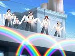  black_hair bottomless brown_hair building censored fence heavily_censored heavy_censorship holding peeing public rainbow red_hair roof rooftop school_girl spread_legs squirt student thighhighs what 