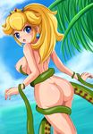  ass beach big_breasts blonde_hair blue_eyes blush breasts crown exhibitionism jewelry large_breasts long_hair looking_back nintendo nipples nude open_mouth photoshop ponytail princess_peach scared sideboob sigurdhosenfeld solo super_mario tentacle topless uncensored water 