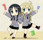  2girls ahoge aqua_eyes black_eyes black_hair blonde_hair chibi chito_(shoujo_shuumatsu_ryokou) kill_me_baby locked_arms long_hair low_twintails motokazu_(dontokodon) multiple_girls parody school_uniform shoujo_shuumatsu_ryokou twintails yuuri_(shoujo_shuumatsu_ryokou) 